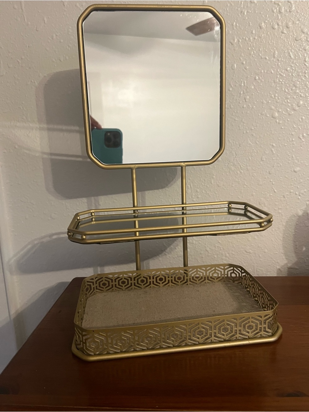 Gold Tone Vanity Mirror and Organizer Tray - Home Bath